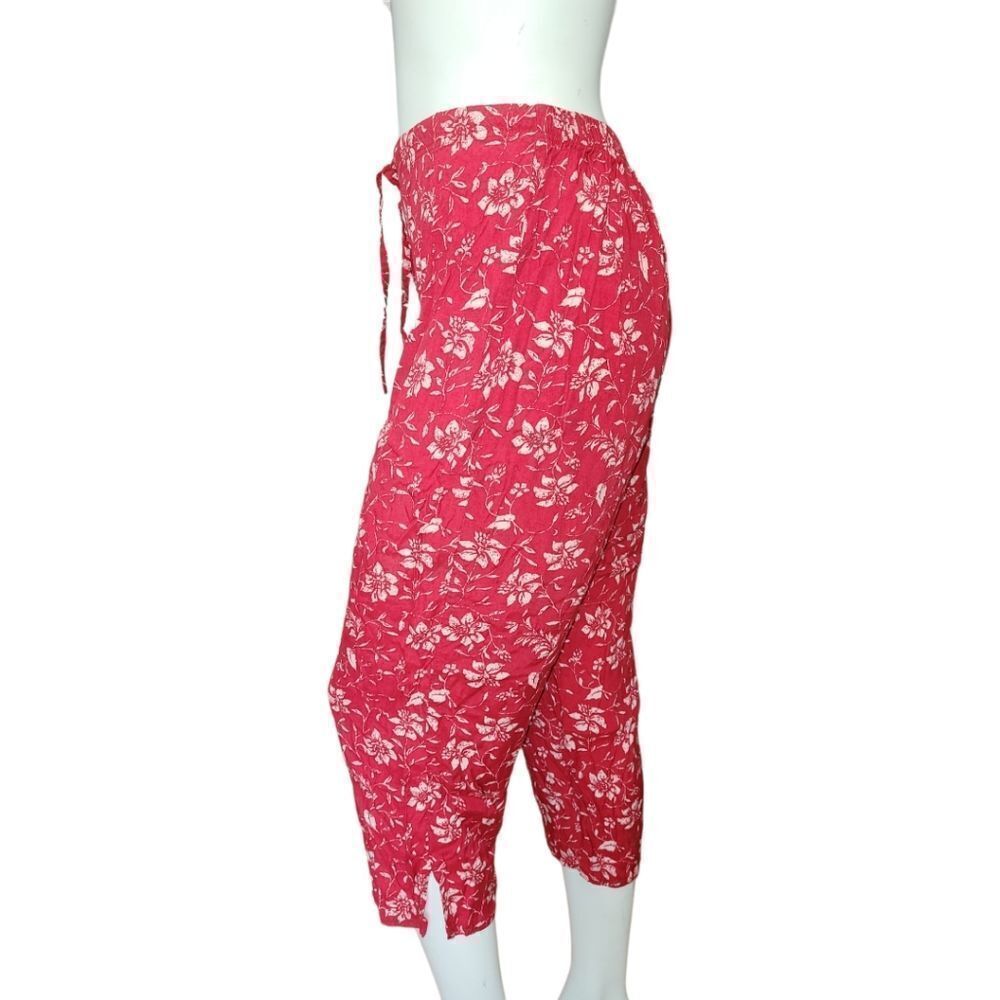Denim & Co. 100% Rayon Drawstring Beach Pants Red with floral pattern Large